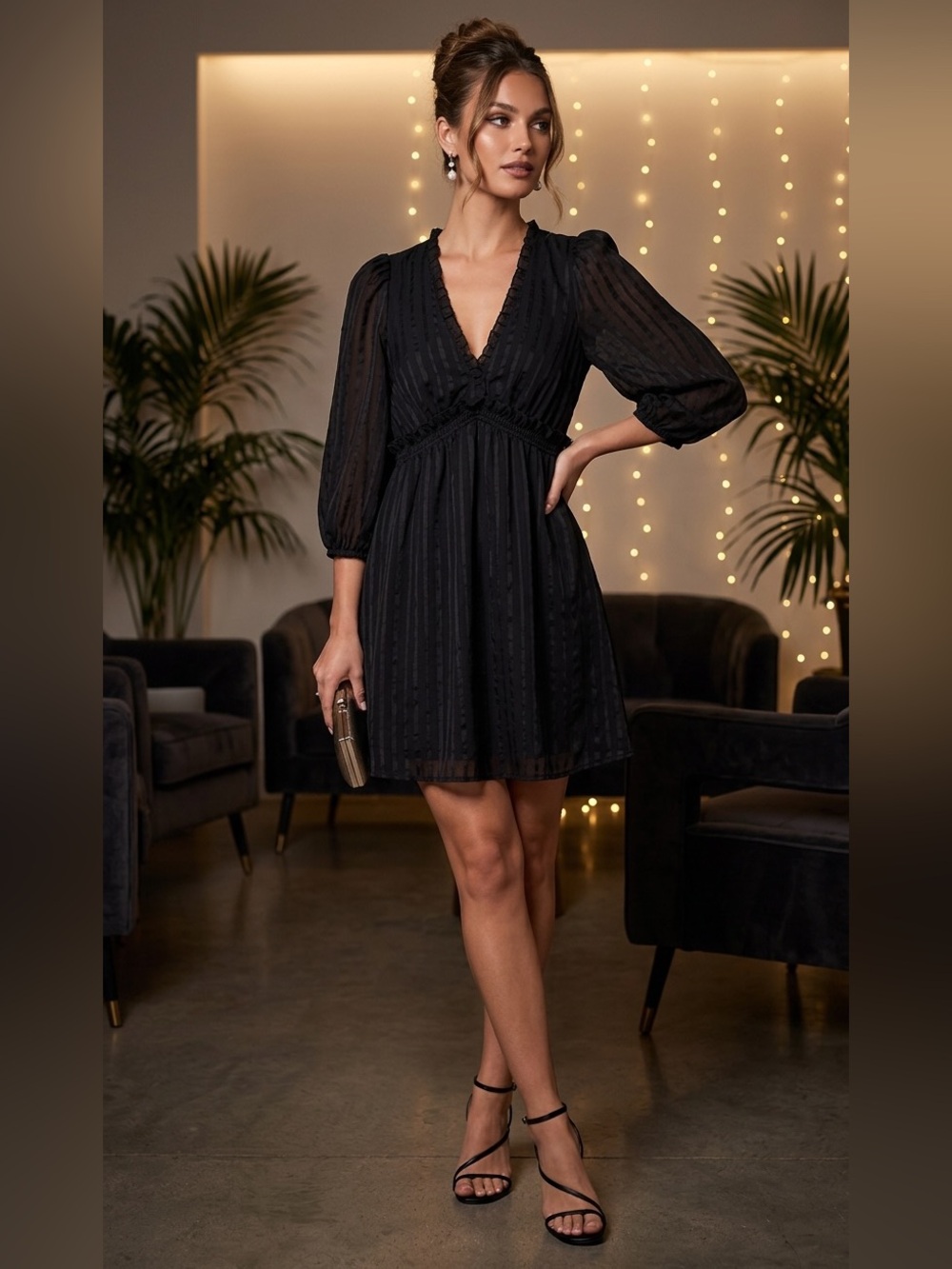 🌷 Lulu's Black Ruffled Neck Mini Dress #45